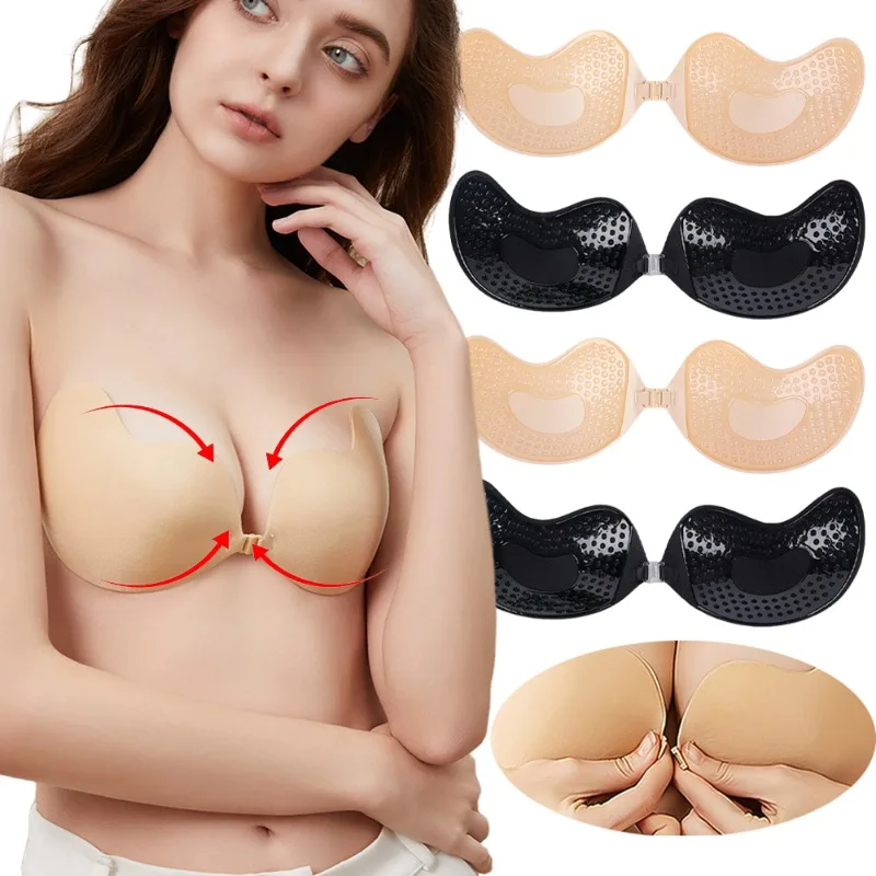 Plunge Bra Push Up - 女性のための見えないプッシュアップブラ、黒の肌の色、背中の開いたストラップレスブラレット、フロントクロージャー、通気性のあるシリコン、夏、1個、2個