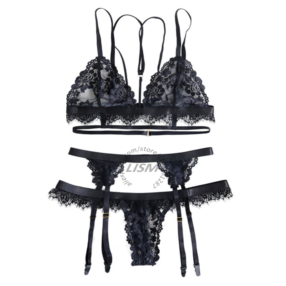 Lace Bralette Set - LISM ブラックアイラッシュレースランジェリーセット 女性用 セクシーなバックレスストラップブラレット Tバックガーターベルトセット バレンタインデー用